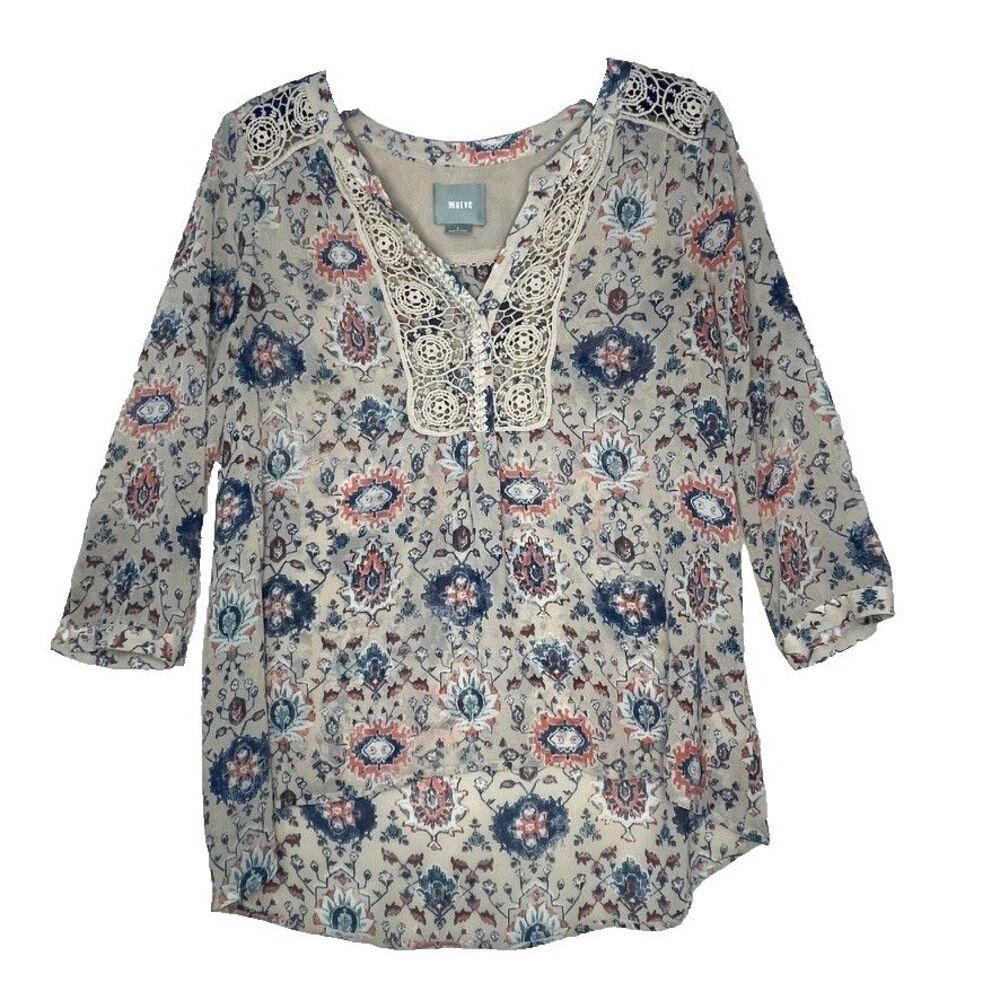 Maeve Anthropologie Tan Floral 3/4 Sleeve Crochet Boho Top Festival Summer Sz 2
